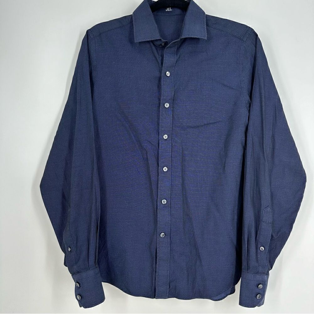 J. HILBURN Men’s Custom Tailored Navy with White Dotted Button Down Sz M